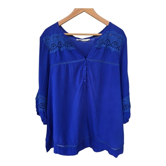 Solitaire Tops - Solitaire Eyelet Tunic Lace Top 1X Plus Blue Women's 3/4 Sleeve